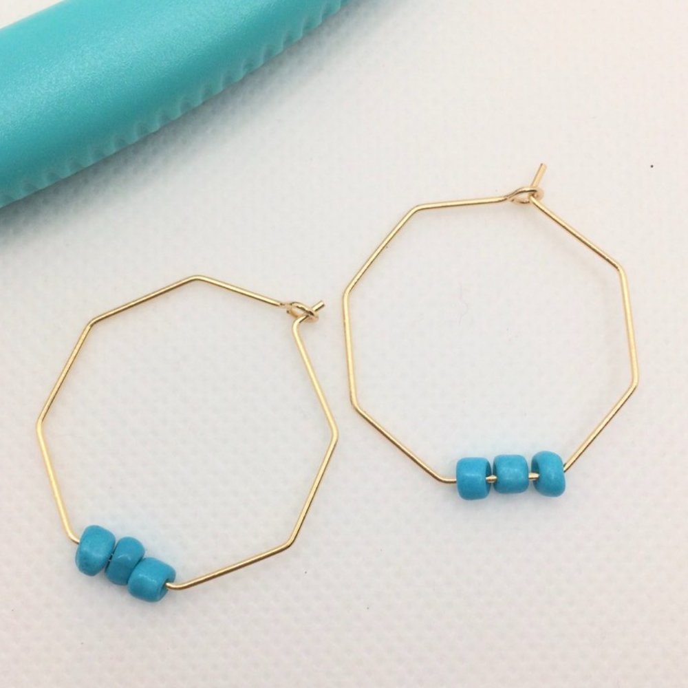 Gold and Turquoise Octagon Hoop Earrings